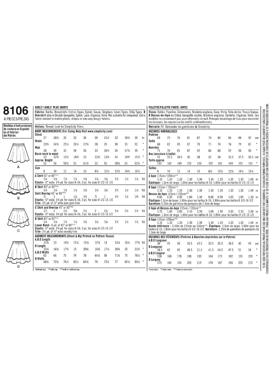 Simplicity S8106 | Learn To Sew Skirts for Girls and Girls Plus | Back of Envelope