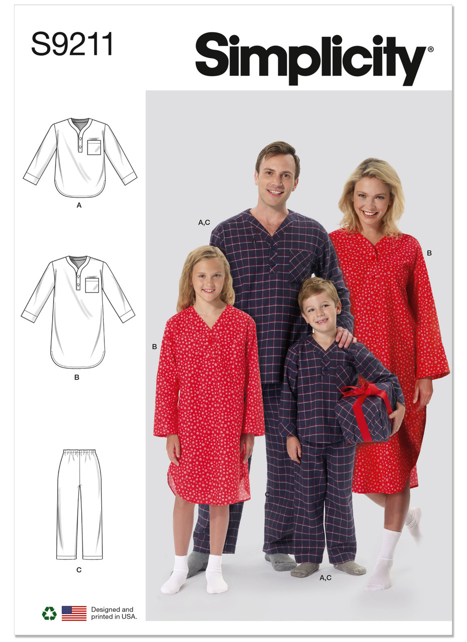 Simplicity S9211 | Misses'/Men's/Boys'/Girls' Patch Pocket Top, Nightshirt and Pants | Front of Envelope