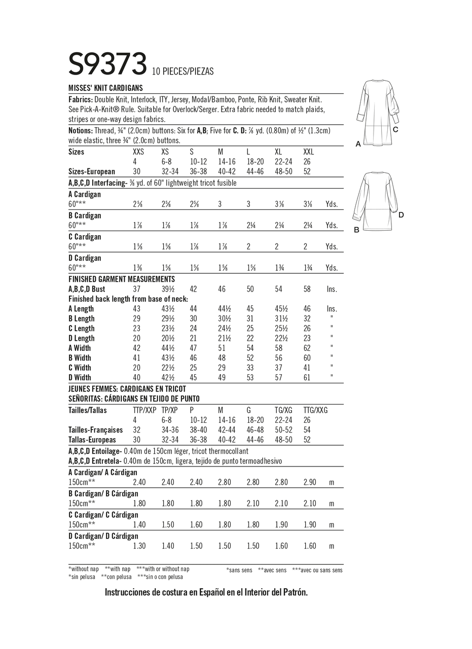 Simplicity S9373 | Misses' Knit Cardigans | Back of Envelope