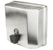 The Frost 711 stainless steel low profile soap dispenser, featuring a secure lock and minimalist design, ready to complement a modern restroom setting.