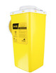 Yellow Frost 878-500 replacement internal containers for biomedical sharps disposal, highlighting secure lids and biohazard warnings for safe waste management.
