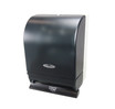 Sleek black Frost 109-50P paper towel dispenser with a multifold towel visible, ready for use. Front