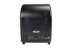 Side view of a black Frost 109-60P mechanical paper towel dispenser with a diagrammatic instruction sticker, showcasing the touchless paper dispensing feature. No paper