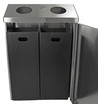 The Frost 315-S Wall Mounted Recycling Station in stainless steel, with dual round openings for easy sorting, showcasing durability and modern design for eco-friendly waste management in commercial areas. Open View.