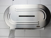 The Frost 169 Twin Jumbo Toilet Tissue Dispenser made of stainless steel, featuring a sleek design and a convenient side window for easy monitoring of tissue levels. On wall