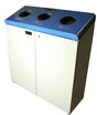 A Frost 316 Free Standing Recycling Station in grey with a blue top, showcasing clearly marked compartments for cans/plastics, paper, and glass, designed to facilitate organized waste management in communal areas.