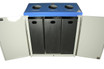 A Frost 316 Free Standing Recycling Station in grey with a blue top, showcasing clearly marked compartments for cans/plastics, paper, and glass, designed to facilitate organized waste management in communal areas. Open View.