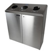 A Frost 316-S Free Standing Recycling Station in lustrous stainless steel, featuring designated slots for cans, plastics, and glass, perfect for maintaining a clean and organized recycling area in corporate or public spaces.