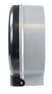 A sleek black Frost 171-P plastic twin jumbo toilet tissue dispenser, featuring a convenient viewing window and secure design, suitable for busy commercial environments. Side View