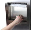 Close-up view of the Frost 410-14 A Medium Recessed Stainless Steel Paper Towel Dispenser and Disposal Unit, showcasing the paper dispensing slot and sleek, professional design.