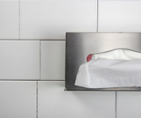 The Frost 180 stainless steel surface-mounted facial tissue dispenser, featuring a clean, modern design ideal for providing convenient access to facial tissues in commercial settings. On wall