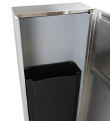 The Frost 340B Stainless Steel Semi-Recessed Waste Receptacle, with its clean lines and reflective surface, provides a sophisticated and space-efficient disposal solution for high-end facilities. Open with trash bin inside