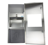 Frost 415C Small Surface Mounted Stainless Steel Combination Paper Towel Dispenser and Disposal unit, showcasing the front-loading paper towel dispenser and disposal slot.