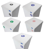 The Frost 305 foot-operated waste receptacle in white, featuring a no-touch design for superior hygiene and waste management. Different Stickers