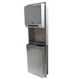 The Frost 422-70C Surface Mounted Automatic Paper Towel Dispenser and Open Waste in Stainless Steel, showcasing its sleek design and automatic dispensing in a commercial restroom environment.