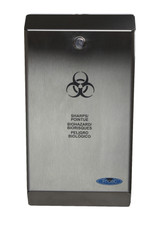 Stainless steel Frost 878 biomedical sharps disposal unit with secure lock and biohazard symbol, designed for safe and hygienic medical waste management.