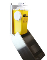 Stainless steel Frost 878 biomedical sharps disposal unit with secure lock and biohazard symbol, designed for safe and hygienic medical waste management.