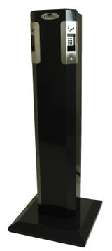 The sleek Frost 920 pedestal ashtray in black, designed for efficient cigarette disposal and maintaining cleanliness in designated outdoor smoking areas.