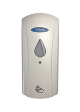 Frost 714C compact white automatic liquid soap or sanitizer dispenser with smart motion sensor and visible soap level, mounted on a wall.