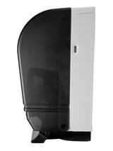 Sleek black Frost 109-50P paper towel dispenser with a multifold towel visible, ready for use. Side