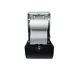 Sleek black Frost 109-50P paper towel dispenser with a multifold towel visible, ready for use. Inside with Towel