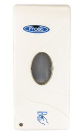 Frost 714P white automatic liquid soap or sanitizer dispenser, with sensor and level window, mounted on a wall with instructions and specifications.