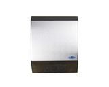 Modern stainless steel mechanical paper towel dispenser by Frost, featuring a visible paper towel and side indicator slots for paper level monitoring. Front