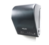 Side view of a black Frost 109-60P mechanical paper towel dispenser with a diagrammatic instruction sticker, showcasing the touchless paper dispensing feature. Front View with Paper