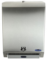 Sophisticated stainless steel automatic paper towel dispenser by Frost, featuring touchless dispensing and a clear pictogram, perfect for upscale and high-usage environments. Front