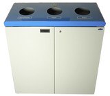 A Frost 316 Free Standing Recycling Station in grey with a blue top, showcasing clearly marked compartments for cans/plastics, paper, and glass, designed to facilitate organized waste management in communal areas.