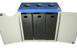 A Frost 316 Free Standing Recycling Station in grey with a blue top, showcasing clearly marked compartments for cans/plastics, paper, and glass, designed to facilitate organized waste management in communal areas. Open View.