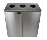 A Frost 316-S Free Standing Recycling Station in lustrous stainless steel, featuring designated slots for cans, plastics, and glass, perfect for maintaining a clean and organized recycling area in corporate or public spaces.