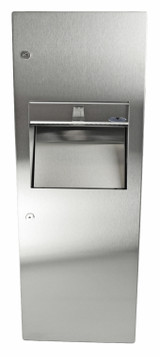 Frost 410 C Medium Surface Mounted Stainless Steel Combination Paper Towel Dispenser and Waste Disposal, featuring a sleek design and user-friendly access for enhanced restroom hygiene.