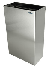 The Frost 326 Stainless Steel Wall Mounted Waste Receptacle features a clean, polished design with a top opening for easy waste disposal, ideal for commercial or upscale residential use.