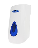 The Frost 707 white manual liquid soap/sanitizer dispenser mounted on a tiled wall, with a distinctive blue window indicating the soap level, ready for use.