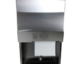 Frost 422-60A Recessed Mechanical Hands-Free Paper Towel Dispenser and Open Waste in Stainless Steel installed on a white tiled wall, showcasing its functional design and touchless dispensing feature.