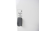 Frost 618-1-FREE white tampon and napkin vendor with a push-button interface, providing complimentary feminine hygiene products in a sleek design.