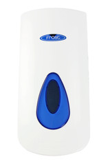The Frost 707-2L white manual liquid soap/sanitizer dispenser mounted on a tiled wall, prominently featuring a large blue window for soap level visibility and a spacious push button for dispensing.