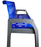 The Frost 2040-Blue Outdoor Bench in blue and grey, combining functionality with modern design to provide comfortable and durable seating for public spaces.