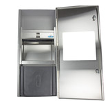 Frontal view of Frost 415B Small Semi-Recessed Stainless Steel Combination Paper Towel Dispenser and Waste Disposal unit showcasing the semi-recessed design and clean lines. Open.