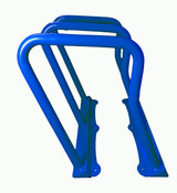 The Frost 2090-Blue outdoor steel bike rack, offering a combination of visual appeal and functional design to accommodate six bicycles in a secure manner.