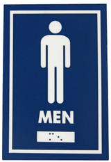 Frost 960 male washroom signage in bold blue with white pictogram and braille, offering clear and accessible direction for men's restrooms.