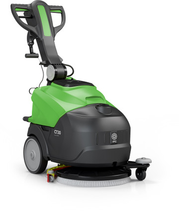 The IPC CT30B45, an 18-inch walk-behind automatic scrubber that's powered by batteries, designed to effortlessly tackle hard-to-reach cleaning areas. Its compact size makes it ideal for a wide range of job sizes, whether small or medium.