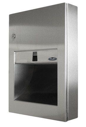 The Frost 135-C stainless steel surface mounted paper towel dispenser with a secure lock and transparent paper level window, offering a sleek and practical addition to any restroom.