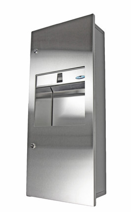 Frost 415C Small Surface Mounted Stainless Steel Combination Paper Towel Dispenser and Disposal unit, showcasing the front-loading paper towel dispenser and disposal slot.