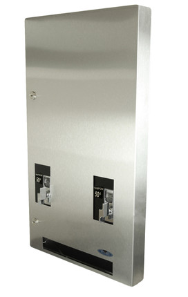 The Frost 615-5-0.50 stainless steel tampon and napkin vendor with a $0.50 twist mechanism, mounted recessed in a wall for a discreet and accessible feminine product dispensing solution.