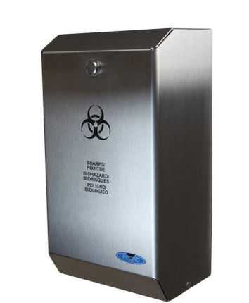 Stainless steel Frost 878 biomedical sharps disposal unit with secure lock and biohazard symbol, designed for safe and hygienic medical waste management.