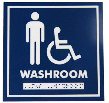 Frost 962 male and handicapped washroom signage in vibrant blue with white symbols and Braille, providing clear direction and accessibility for restrooms.