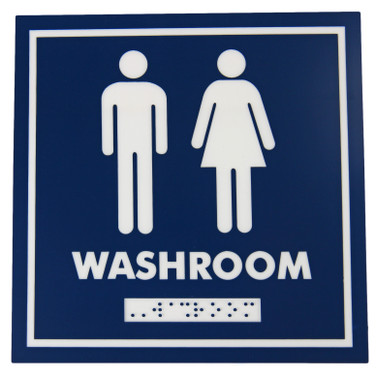 Frost 965 gender-neutral washroom signage in blue with white symbols and Braille, indicating a welcoming space for users of any gender.