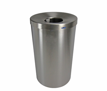 Stainless steel lobby waste receptacle by Frost, featuring a circular disposal opening and a sleek, smudge-resistant design, ideal for sophisticated and high-usage environments.